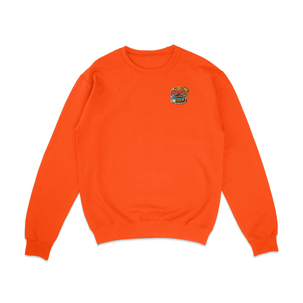 Bright orange crewneck sweatshirt with a small multicolor graphic on the left chest, displayed flat against a plain white background.