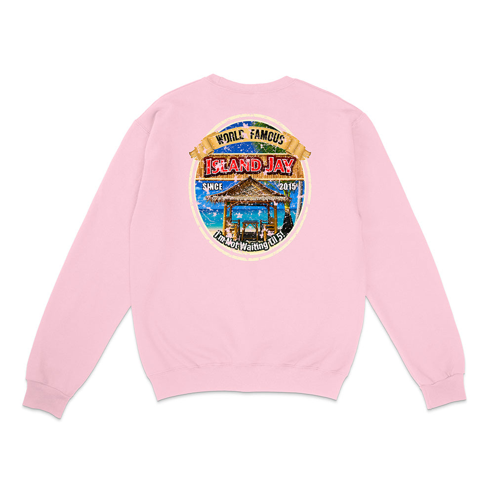 A light pink crewneck sweatshirt shown from the back, featuring a large circular graphic print on the upper back with a beach scene and the text 'WHILE FAMOUS Island Hay'.