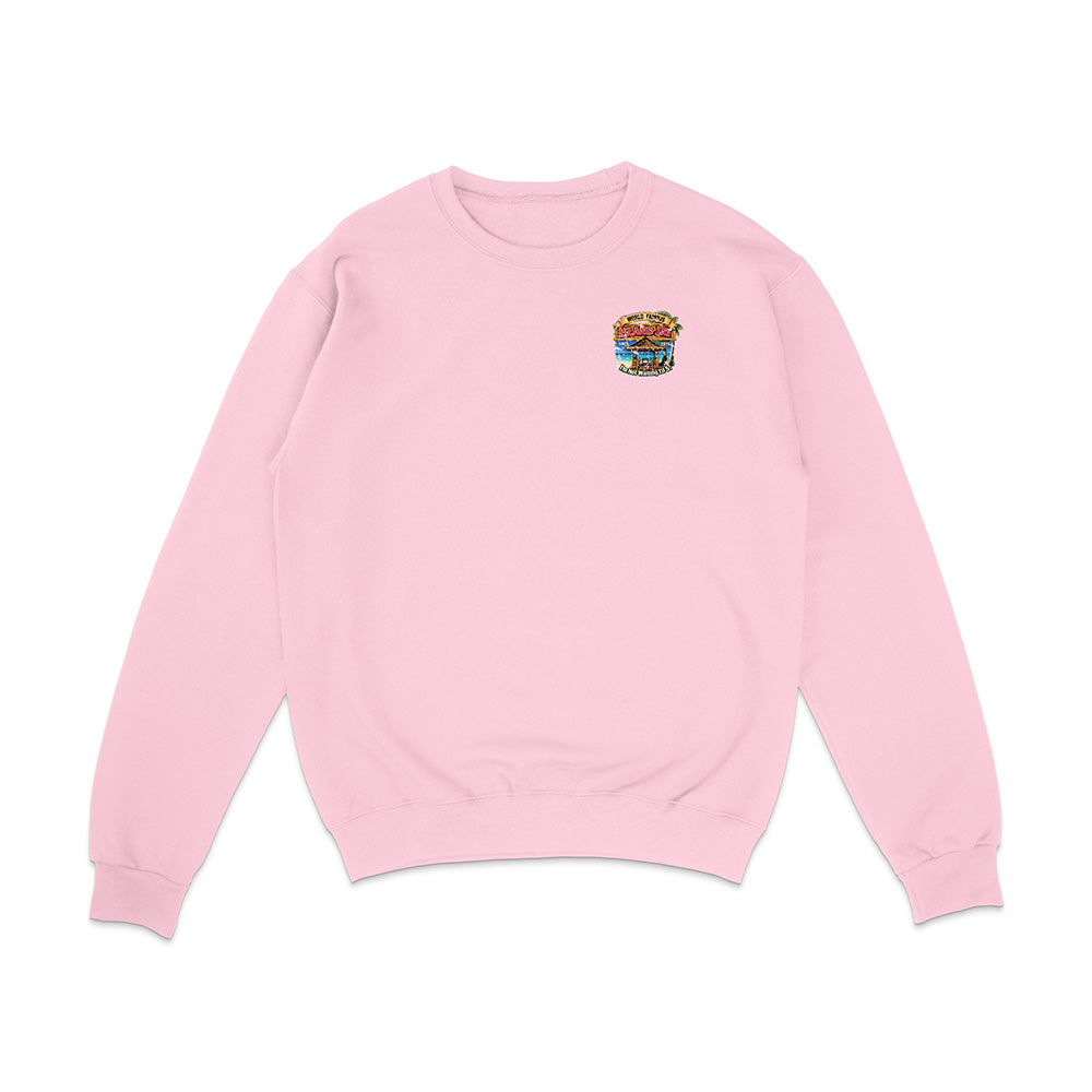 A light pink crewneck sweatshirt with a small colorful graphic on the left chest, displayed flat against a solid white background.