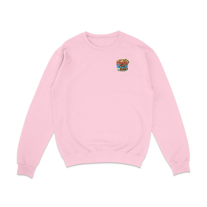 A light pink crewneck sweatshirt with a small colorful graphic on the left chest, displayed flat against a solid white background.