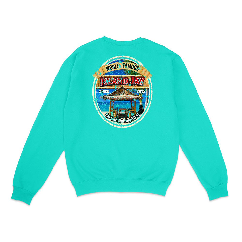 A turquoise crewneck sweatshirt shown from the back, featuring a large circular graphic print on the center back with a beach scene and the text 'World Famous Island Jay'.