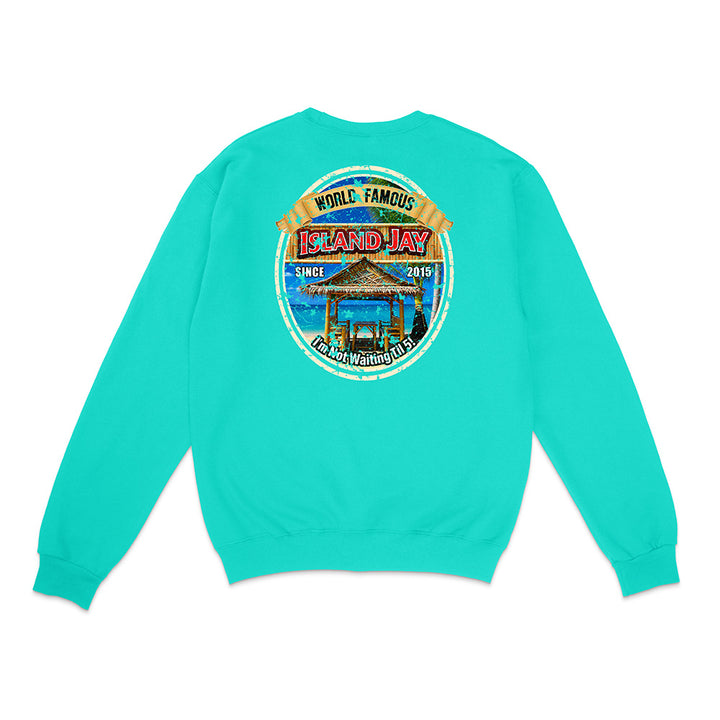 A turquoise crewneck sweatshirt shown from the back, featuring a large circular graphic print on the center back with a beach scene and the text 'World Famous Island Jay'.