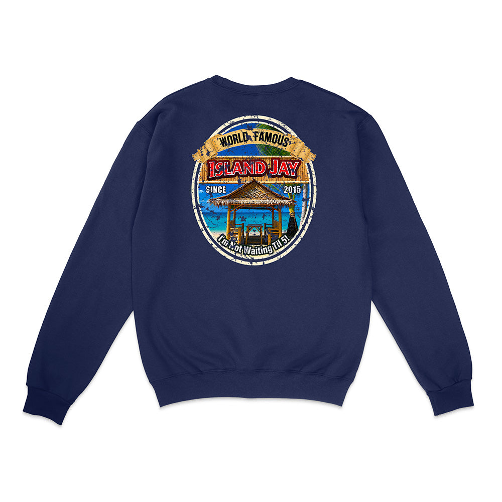 A navy blue crewneck sweatshirt shown from the back, featuring a large circular graphic print on the center back with a beach pavilion illustration and the text 'World Famous Island Jay'.