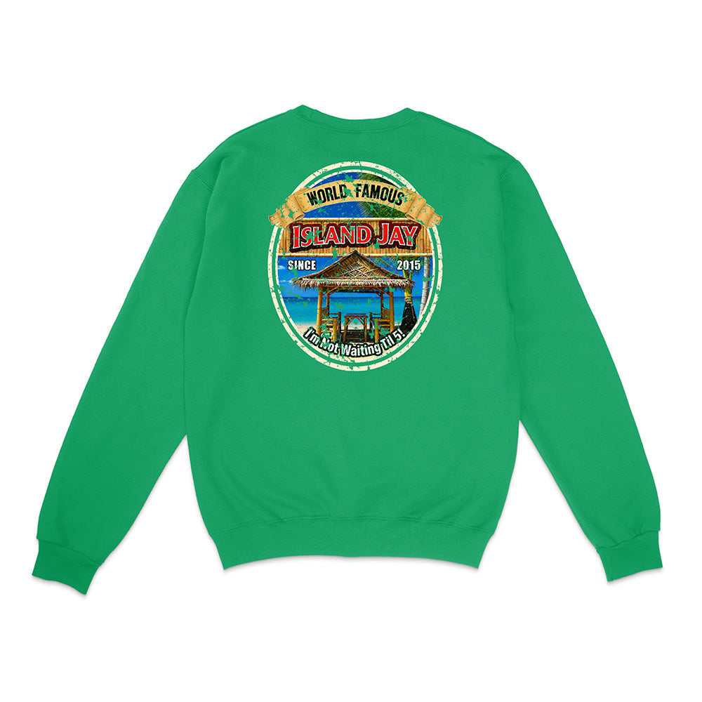 A bright green crewneck sweatshirt shown from the back, featuring a large circular graphic print on the center back with a beach cabana illustration and the text 'World Famous Island Jay'.