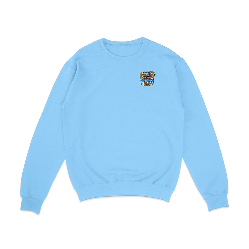 A light blue crewneck sweatshirt with a small colorful graphic on the left chest, displayed flat against a plain white background.