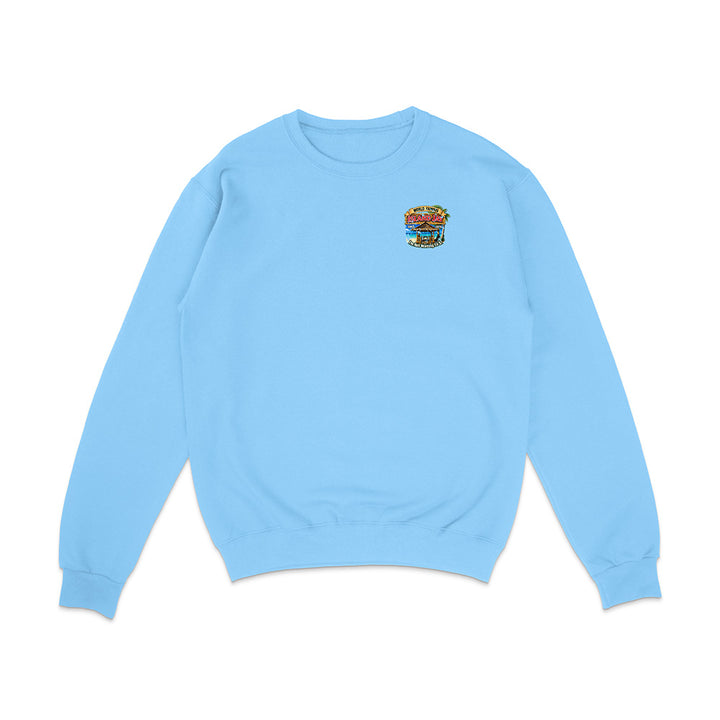 A light blue crewneck sweatshirt with a small colorful graphic on the left chest, displayed flat against a plain white background.