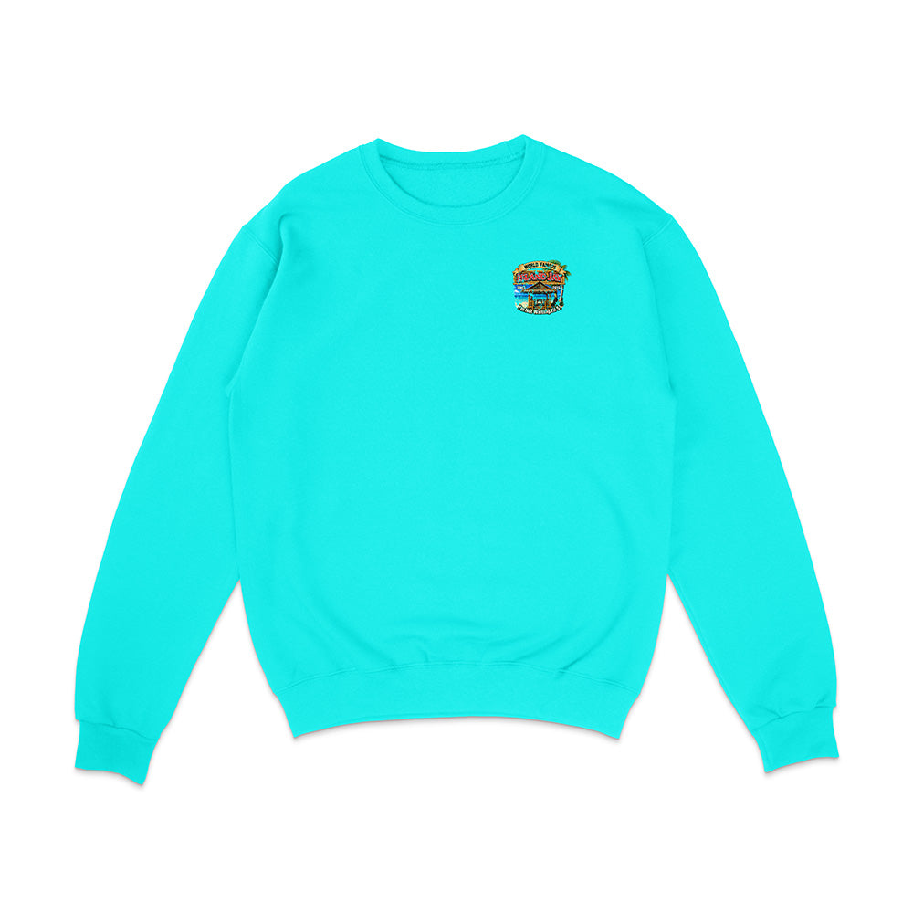 A bright turquoise crewneck sweatshirt with a small colorful graphic on the left chest, displayed flat against a plain white background.