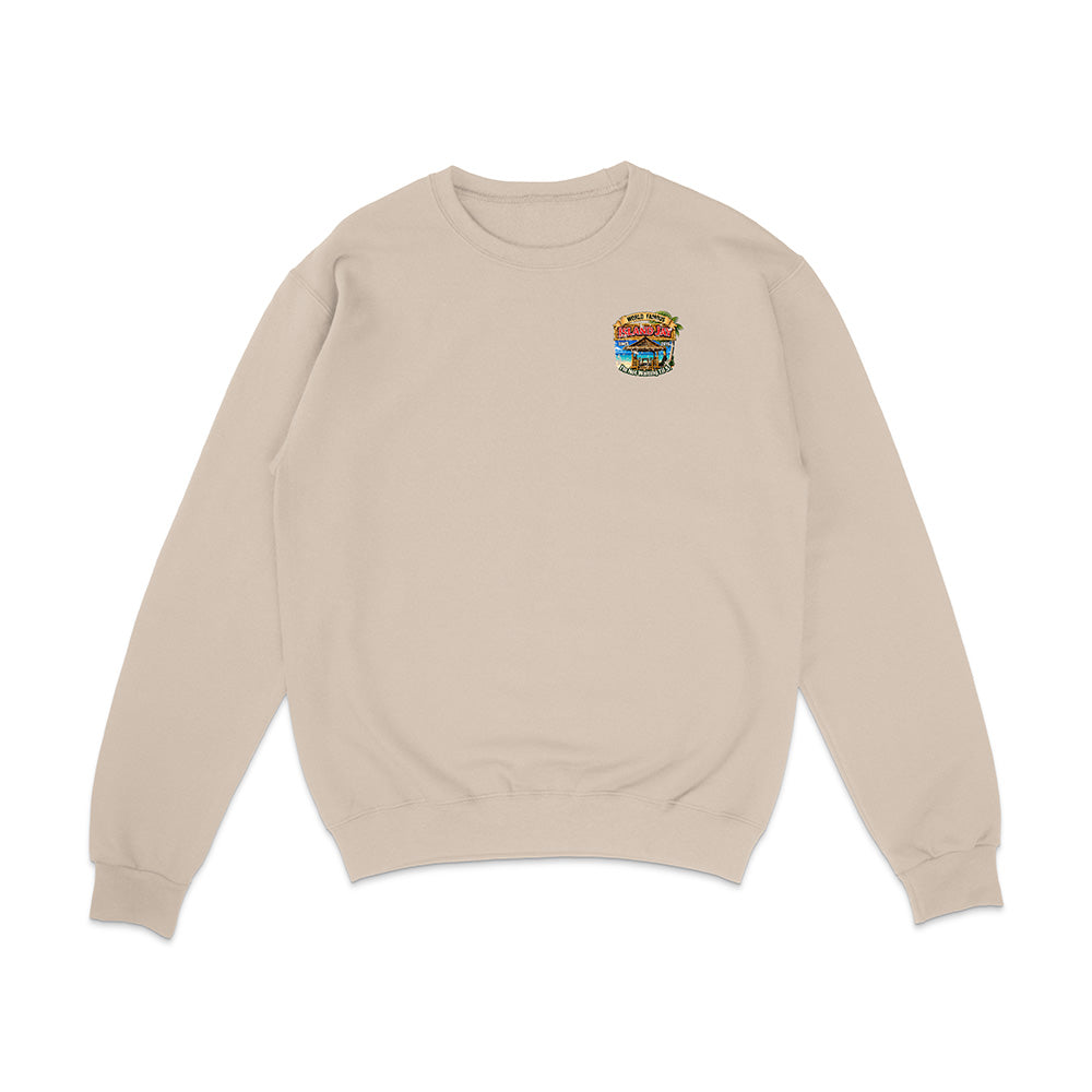 A light beige crewneck sweatshirt with a small colorful graphic of a hamburger on the left chest, displayed on a clean white background.