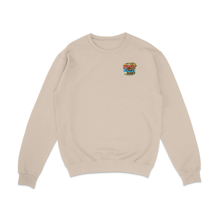 A light beige crewneck sweatshirt with a small colorful graphic of a hamburger on the left chest, displayed on a clean white background.
