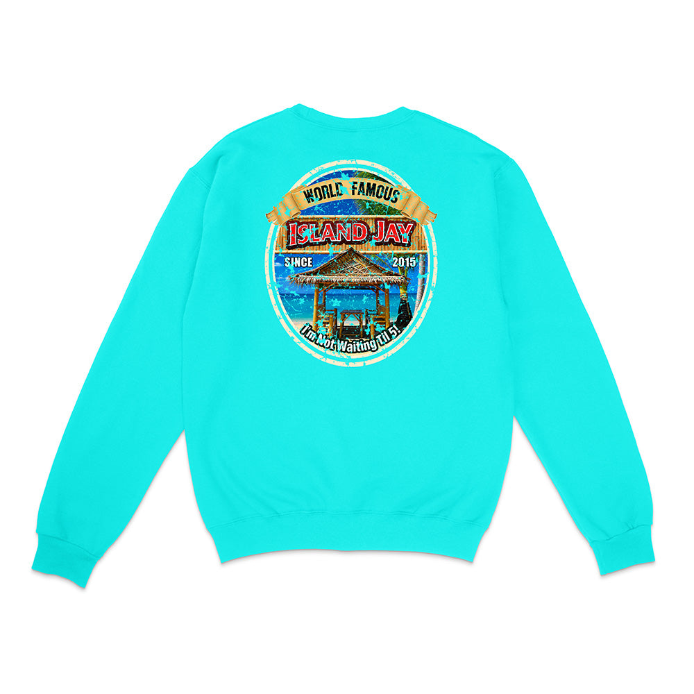 A turquoise crewneck sweatshirt shown from the back, featuring a large circular graphic print on the center back with a beach scene and the text 'World Famous Island Hay'.