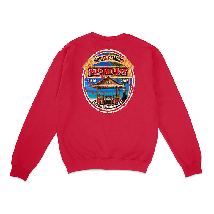 A red crewneck sweatshirt shown from the back, featuring a large circular graphic print on the center back with a beach bar scene and the text 'World Famous Island Jay' and 'Coney Island, NY'.