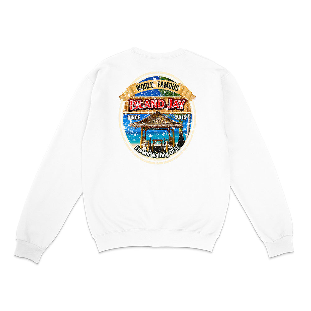 A white crewneck sweatshirt shown from the back, featuring a large circular graphic print on the upper back with a beach scene and the text 'While Famous Island Hay'.