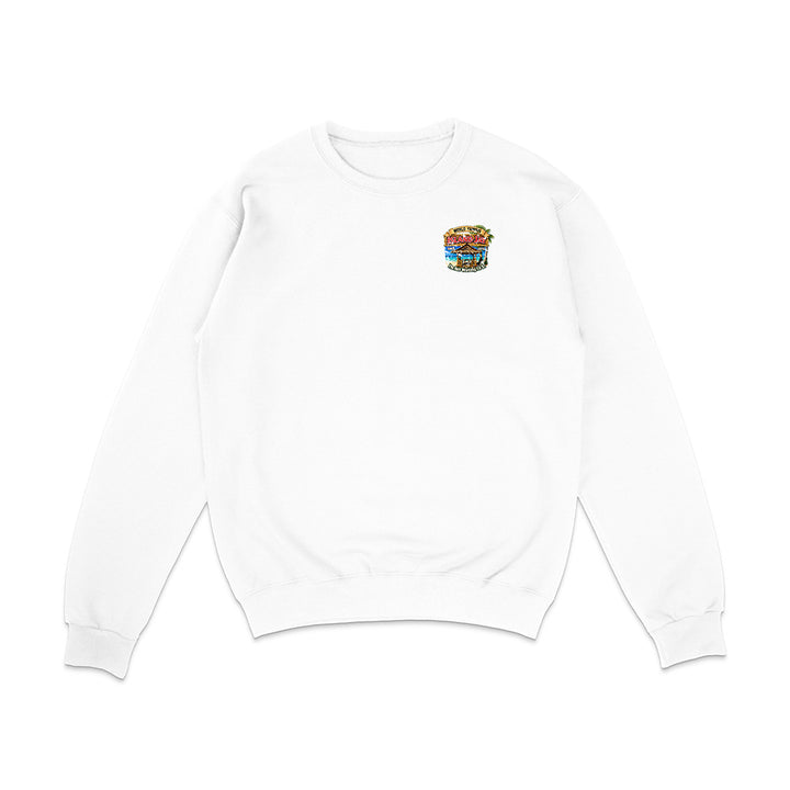 A white crewneck sweatshirt with a small colorful graphic of a hamburger on the left chest, displayed on a clean white background.