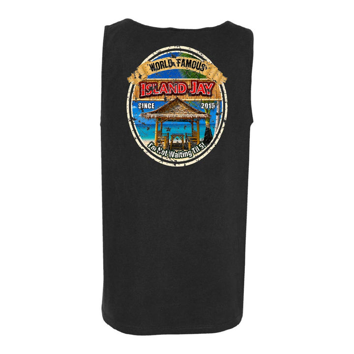 A black sleeveless tank top featuring a large circular graphic print on the front with the text 'WORLD-FAMOUS ISLAND JAY' and '2015' around an illustration of a gazebo and beach scene.