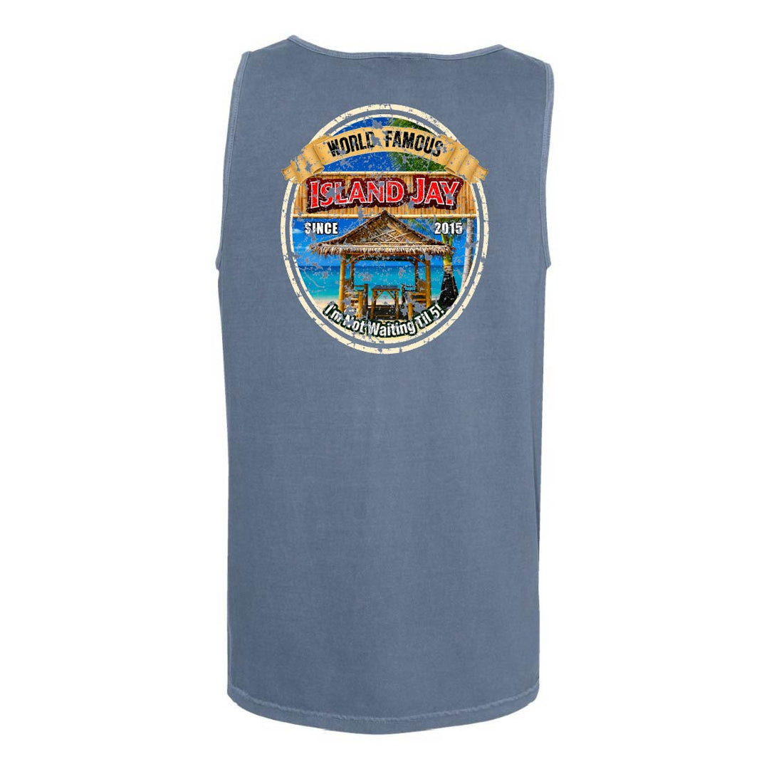 A sleeveless blue tank top with a large circular graphic on the chest featuring a beach hut, ocean, and the text 'World Famous Island Jay' and 'The Beach Neighborhood'.