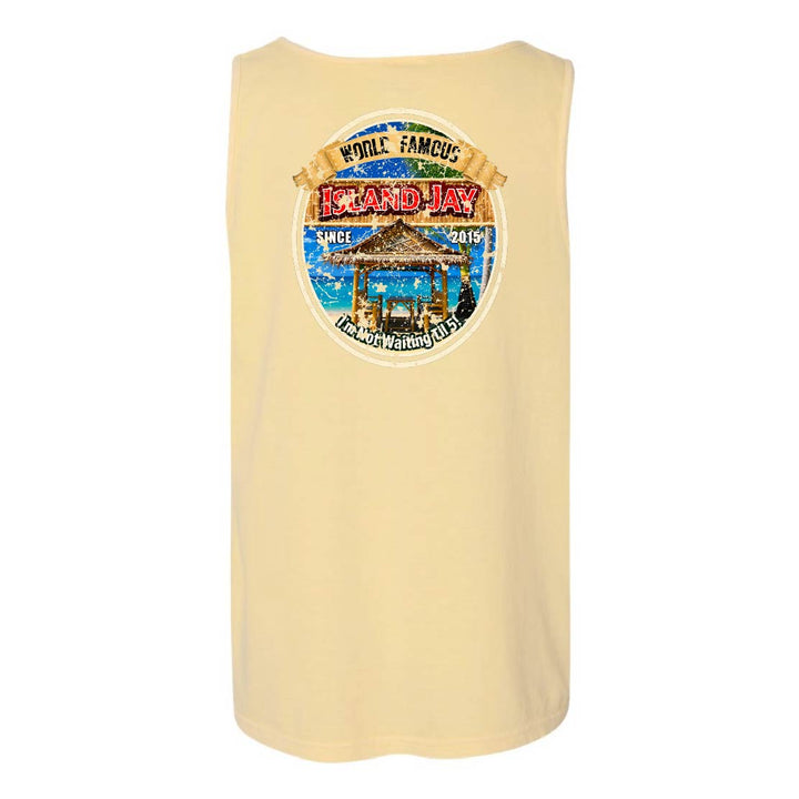 A sleeveless tank top in a pale cream or light beige color, featuring a large circular graphic print on the back with a beach scene and the text 'World Famous Island Jay' and 'The Beach Walking Club.'.