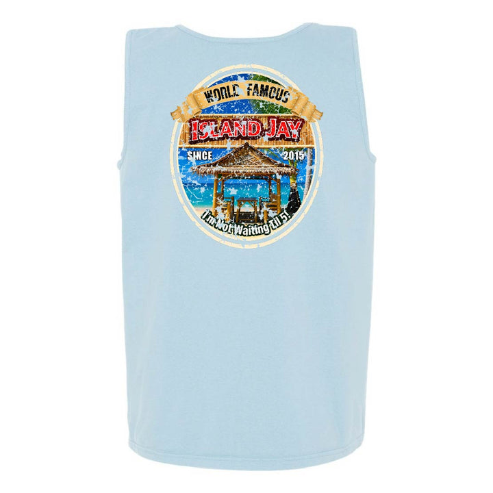 A light blue sleeveless tank top with a large circular graphic on the chest featuring the text 'World Famous Island Jay' and a beach scene with a gazebo.