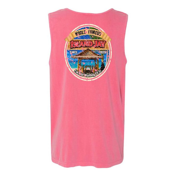 A pink sleeveless tank top with a large circular graphic on the chest featuring a tropical island scene and the text 'World Famous Island-Jay'.