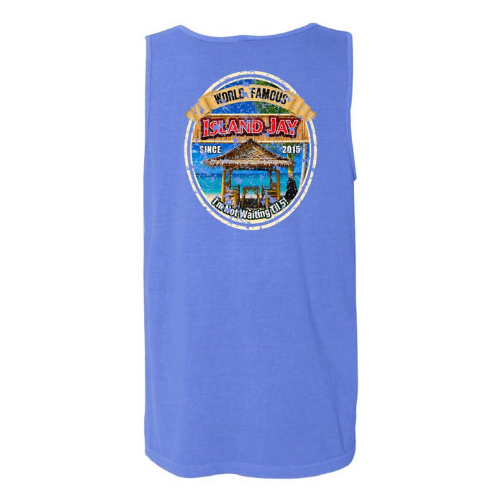 A sleeveless blue tank top shown from the back, featuring a large circular graphic print on the center back with the text 'World Famous Island-Jay' and a beach scene.