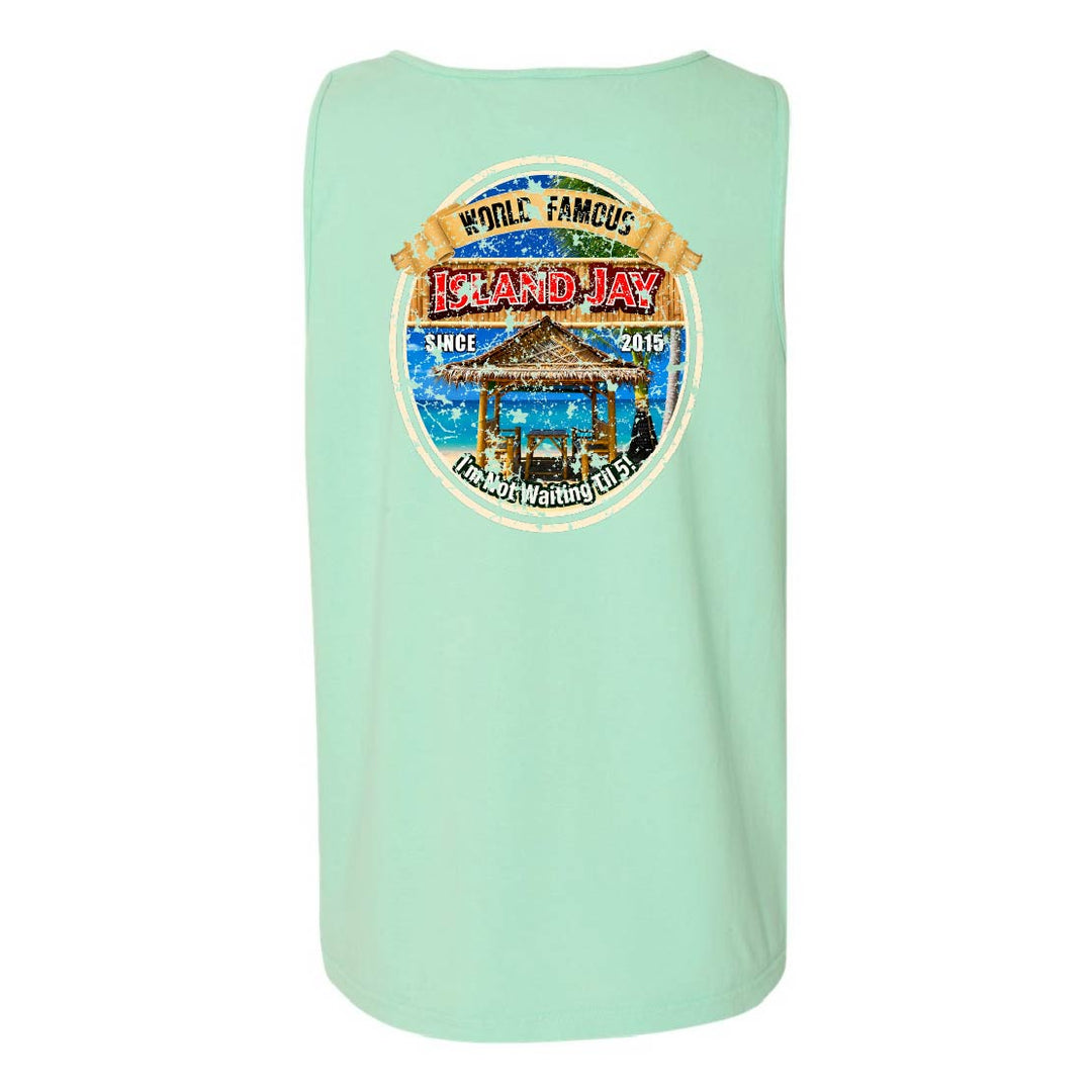 A mint green sleeveless tank top featuring a large circular graphic on the chest with the text 'Whole Famous Island Jay' and a beach scene illustration.