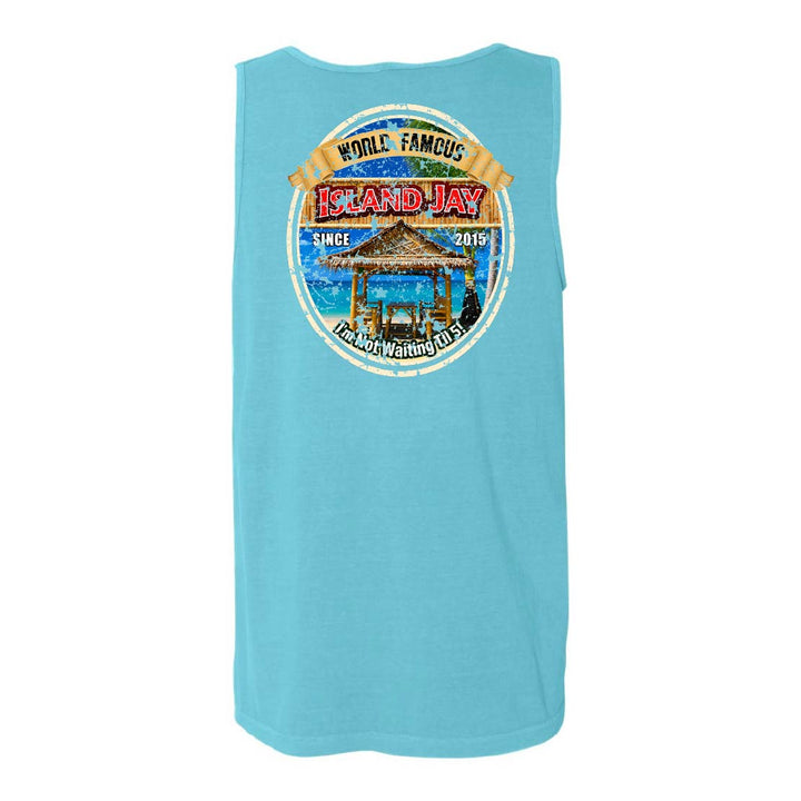 A light blue sleeveless tank top shown from the back, featuring a large circular graphic print on the upper back with tropical island-themed artwork and the text 'World Famous Island Jay' and 'In Manito Waiting Bay.'.