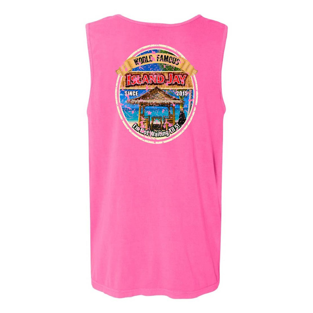 A bright pink sleeveless muscle tank top featuring a large circular graphic on the chest with the text 'World Famous Island-Jay' and a beach scene illustration.