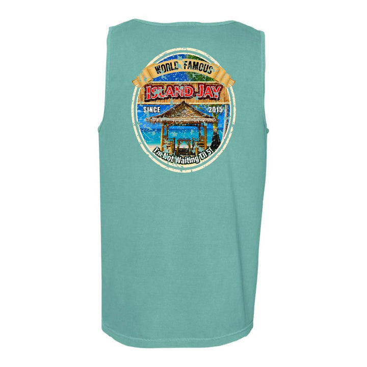 A sleeveless aqua green tank top featuring a large circular graphic print on the back. The graphic displays a beach scene with a gazebo and the text 'World Famous Island Jay' and 'I'm Not Waiting For You'.