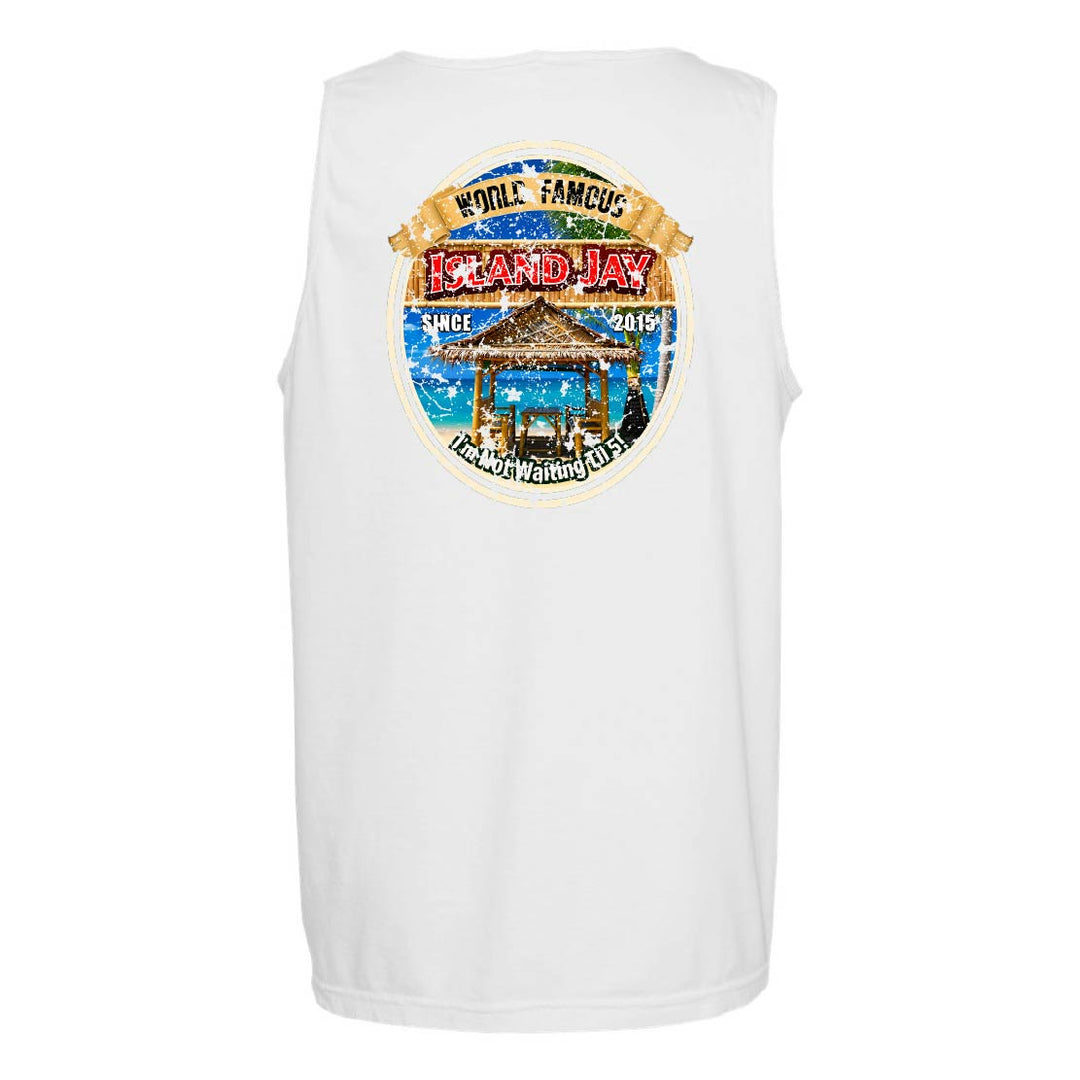 A white sleeveless athletic tank top shown from the back, featuring a large circular graphic print on the upper back with a beach scene and the words 'World Famous Island Jay' and 'Palm Beach, Florida'.