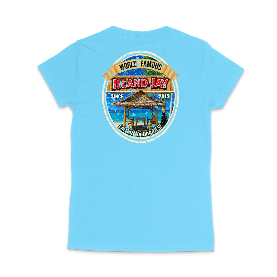 A light blue short-sleeve t-shirt shown from the back, featuring a large circular graphic print on the upper back with a beach scene and the text 'World Famous Island Jay' and 'Grand Junction, CO'.