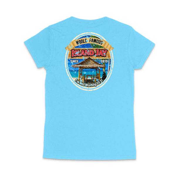 A light blue short-sleeve t-shirt shown from the back, featuring a large circular graphic print on the upper back with a beach scene and the text 'World Famous Island Jay' and 'Grand Junction, CO'.