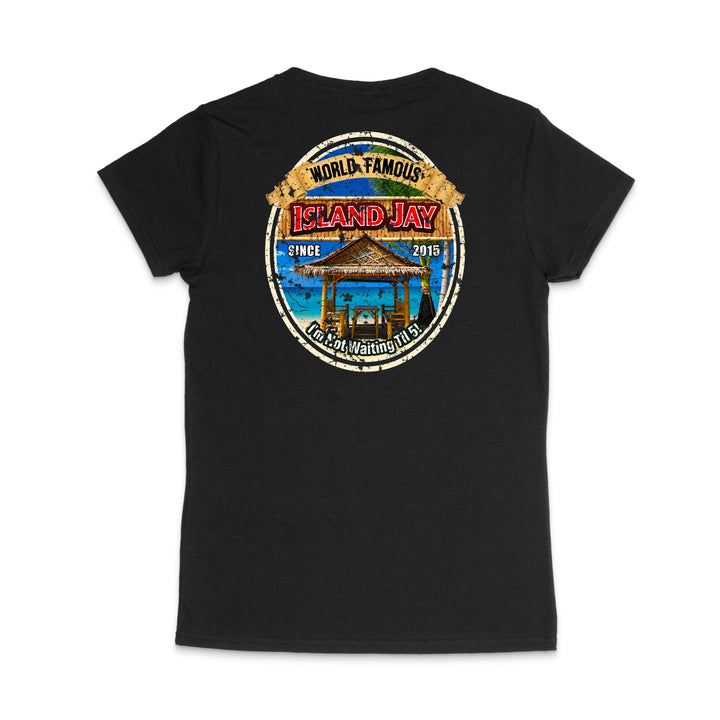 A black short-sleeve t-shirt shown from the back, featuring a large circular graphic print on the upper back with a beach scene, a gazebo, and the text 'WORLD-FAMOUS ISLAND JAY' and 'COAST WASHING TOON SINCE 2016'.