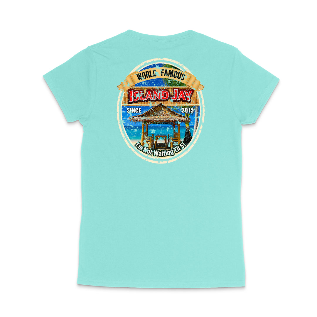 A light turquoise short-sleeve t-shirt shown from the back, featuring a large circular graphic print on the upper back with a beach scene, a gazebo, and text reading 'World Famous Island Jay' and 'Grand Bay Walking Club'.