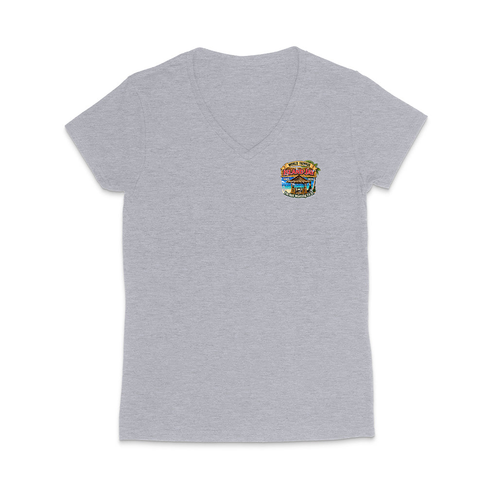 A light heather gray v-neck t-shirt with a small colorful graphic printed on the left chest, displayed against a solid white background.
