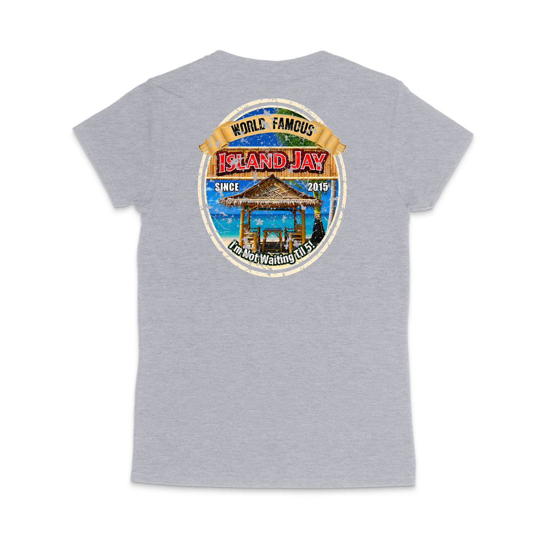 A heather gray short-sleeve t-shirt shown from the back, featuring a large circular graphic print on the upper back. The graphic displays a beach scene with a gazebo, blue water, and a banner reading 'World Famous Island Jay'.