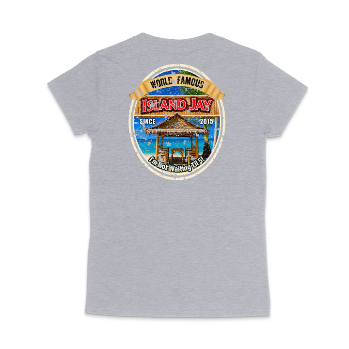 A heather gray short-sleeve t-shirt shown from the back, featuring a large circular graphic print on the upper back. The graphic displays a beach scene with a gazebo, blue water, and a banner reading 'World Famous Island Jay'.