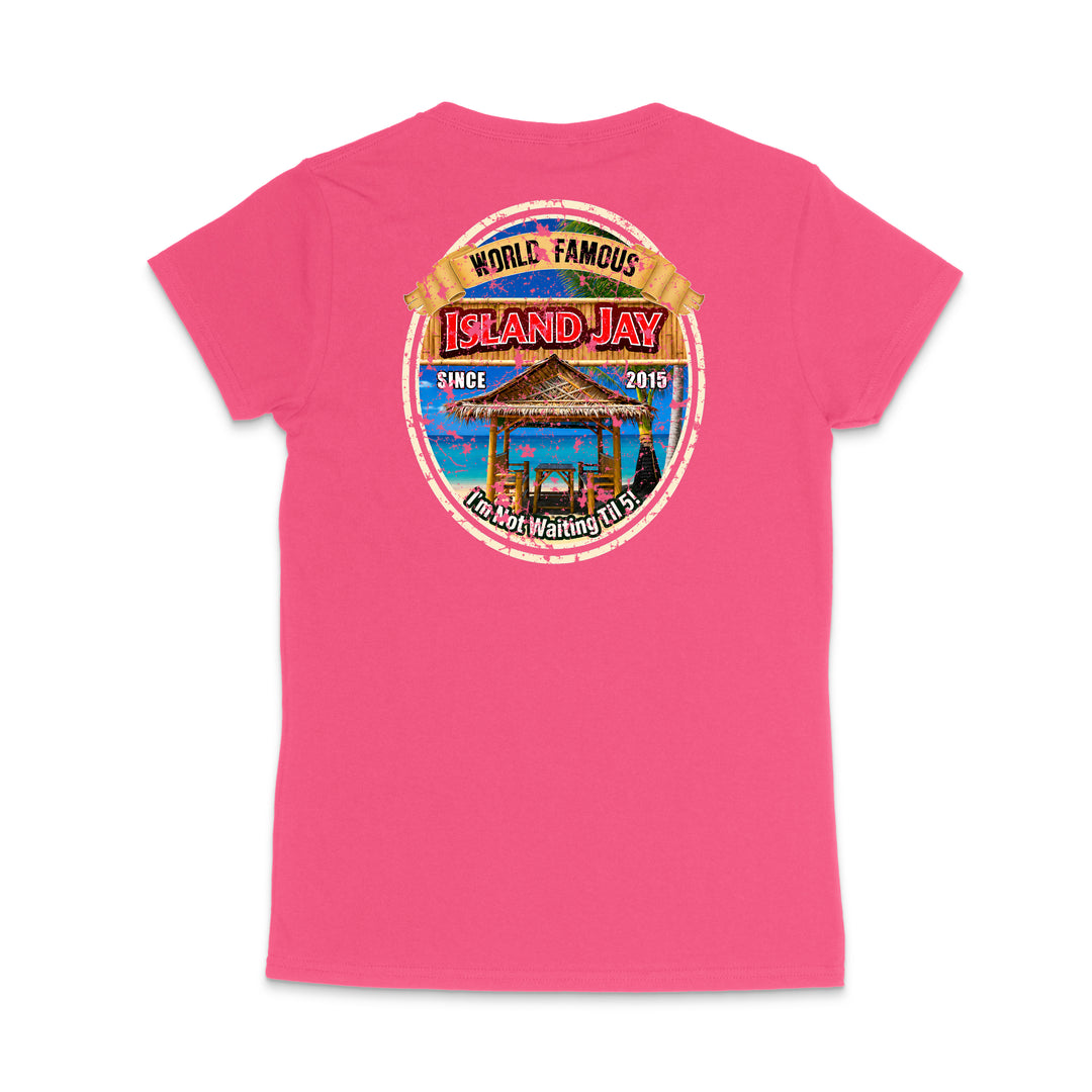 A bright pink short-sleeve t-shirt shown from the back, featuring a large circular graphic print on the upper back with the text 'World Famous Island Jay' and a tropical beach scene.