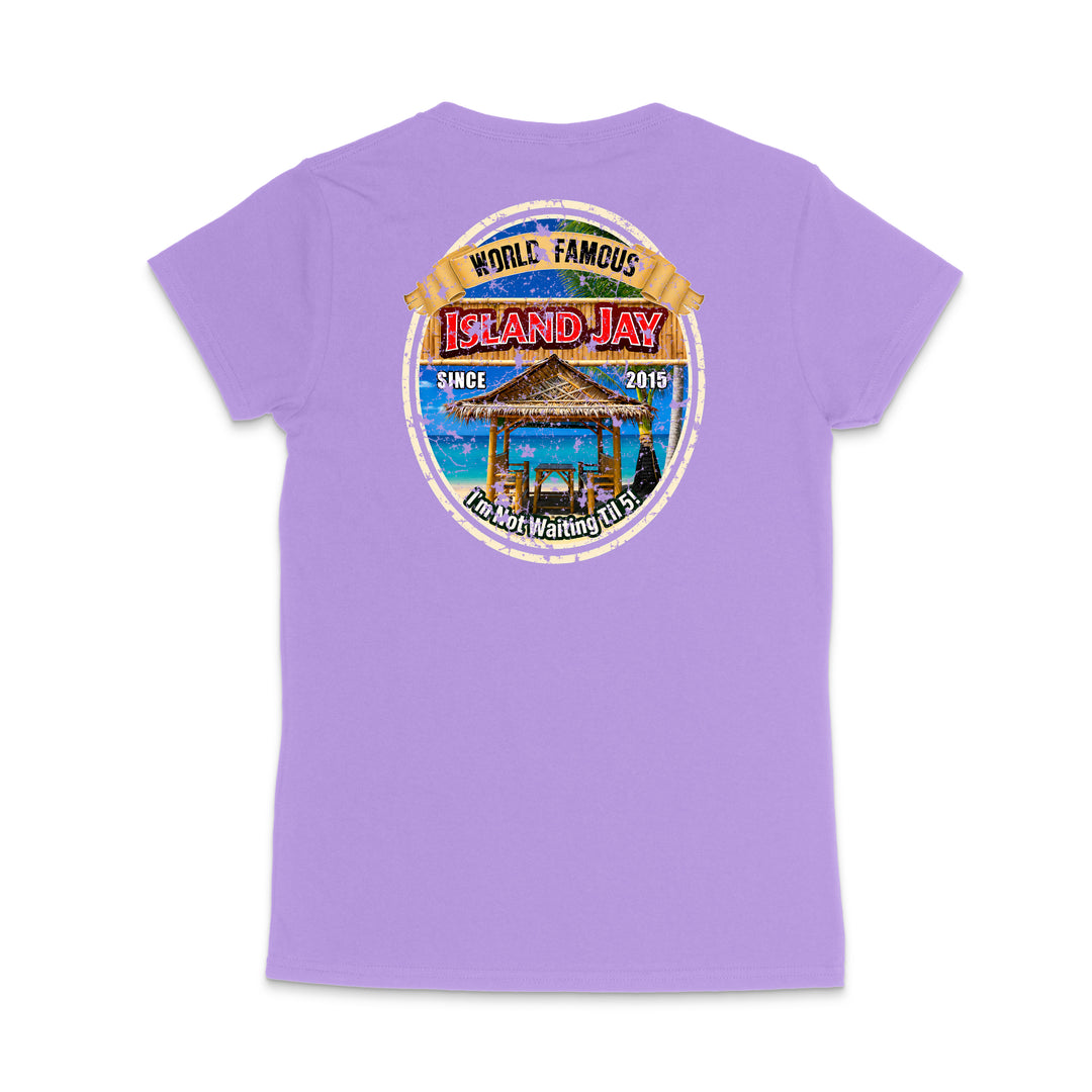 A light purple short-sleeve t-shirt shown from the back, featuring a large circular graphic print on the upper back with a beach scene and the text 'World Famous Island Jay'.
