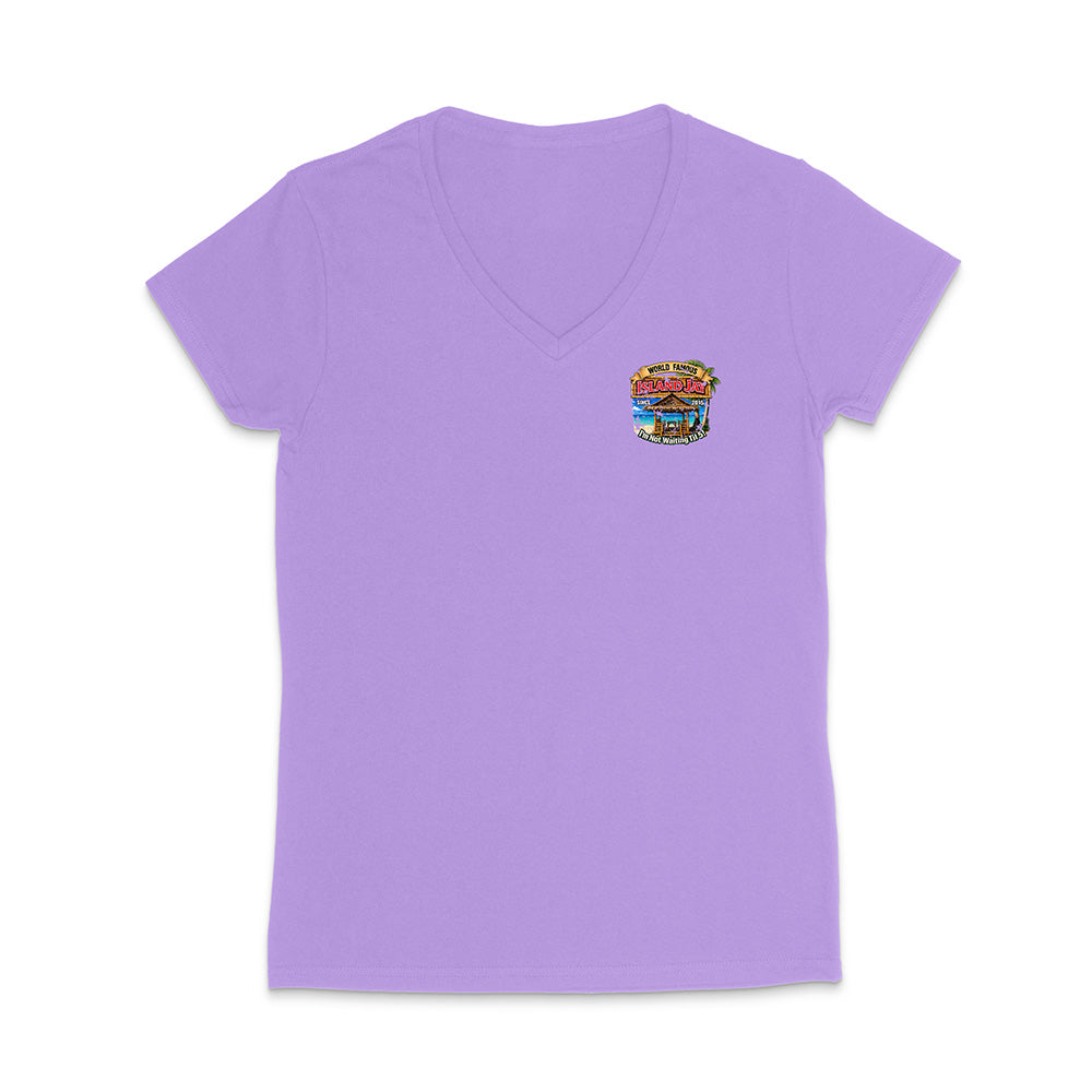 A light purple short-sleeve V-neck t-shirt with a small colorful graphic on the left chest, displayed on a clean white background.