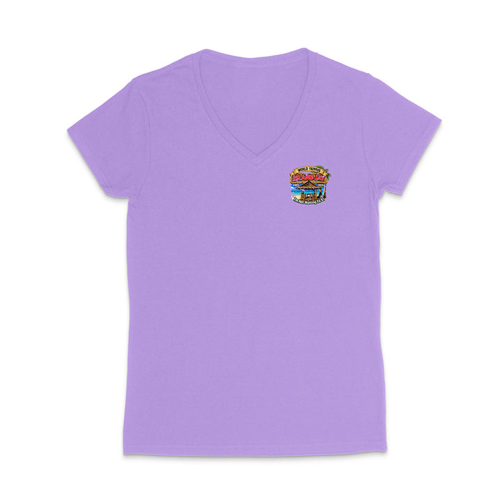 A light purple short-sleeve V-neck t-shirt with a small colorful graphic on the left chest, displayed on a clean white background.