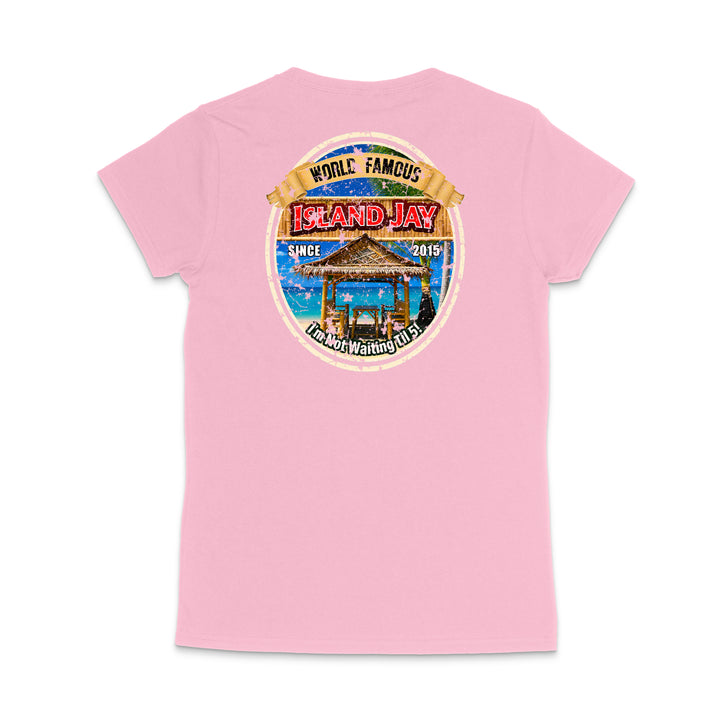 A light pink short-sleeve t-shirt shown from the back, featuring a large circular graphic print on the center back with a beach scene and the words 'World Famous Island Jay' and 'Palm Beach Florida'.