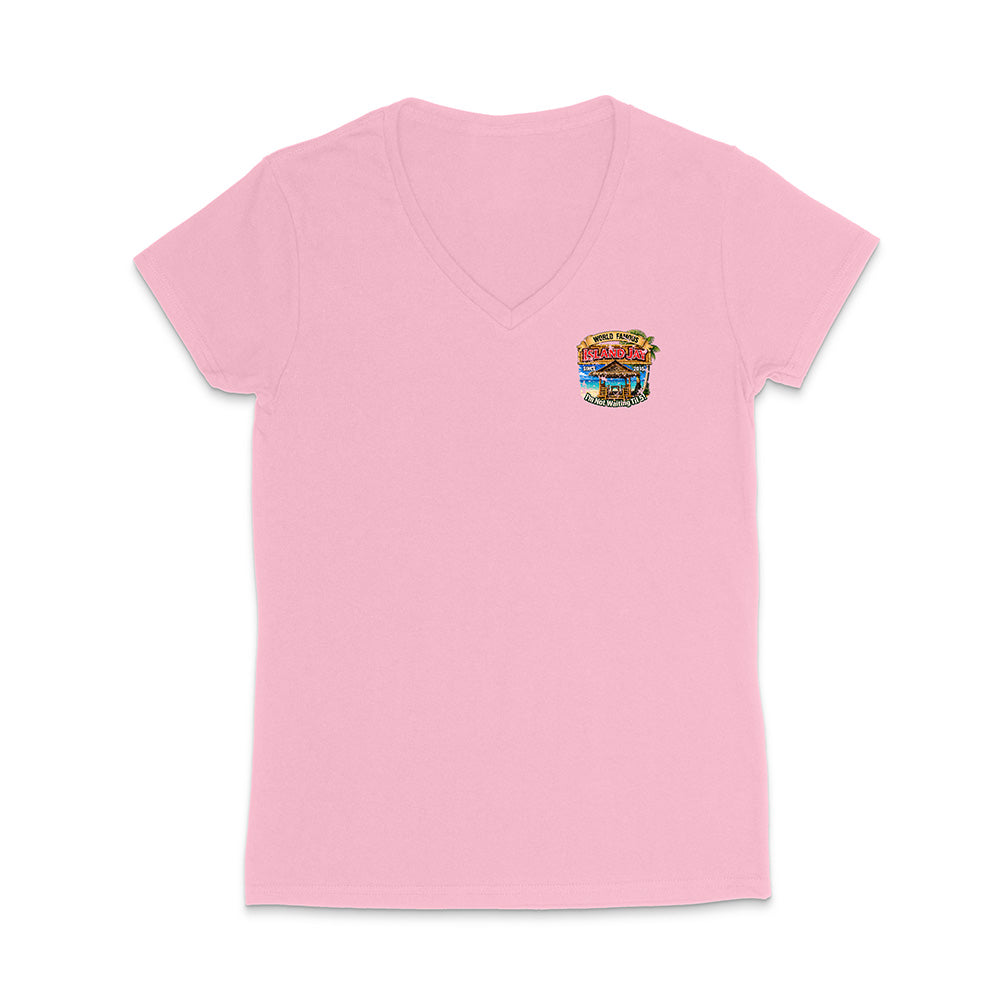 A light pink women's short-sleeve V-neck t-shirt with a small multicolor graphic on the left chest, displayed on a clean white background.