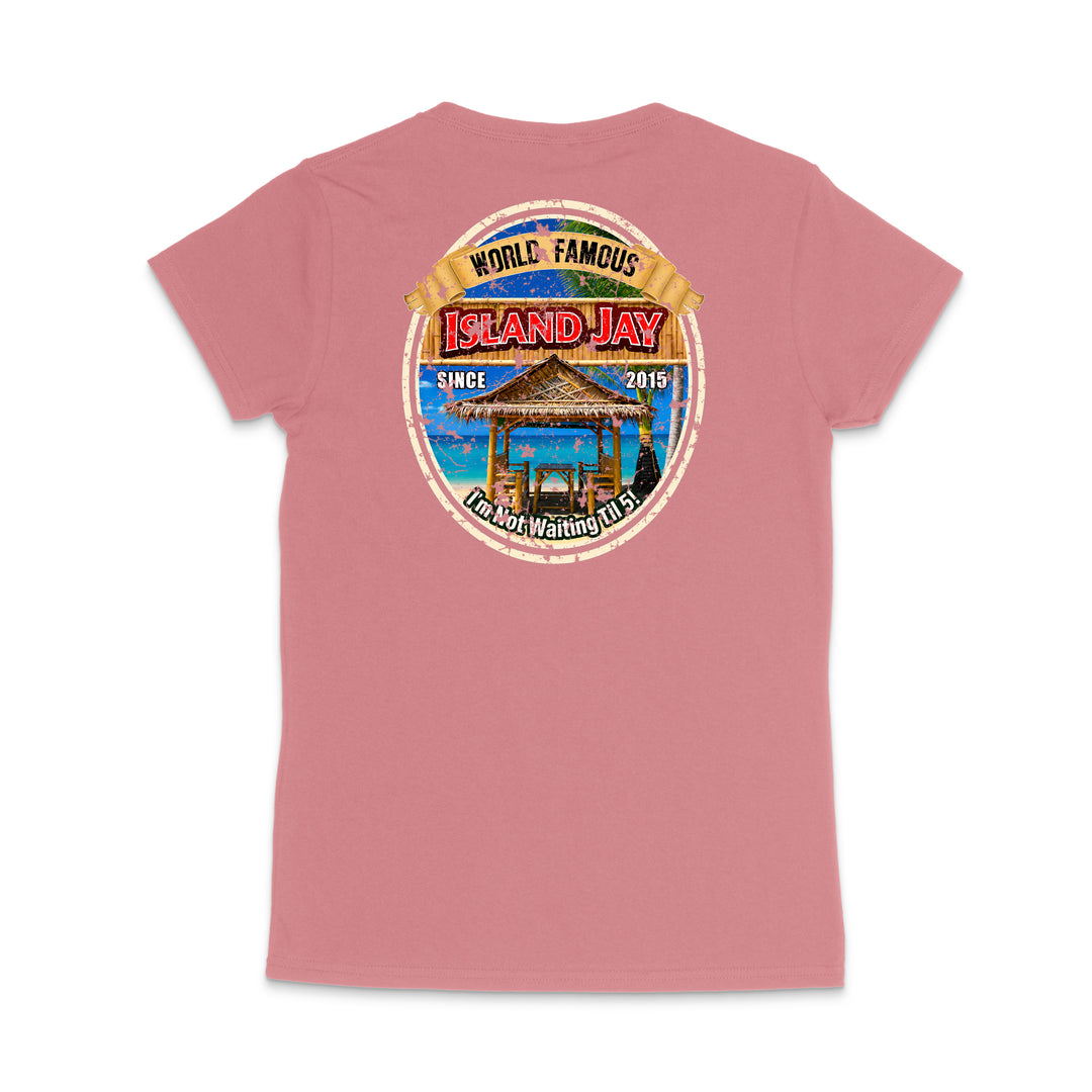A pink short-sleeve t-shirt shown from the back, featuring a large circular graphic print on the upper back with the text 'World Famous Island Jay' and an illustration of a beach gazebo.