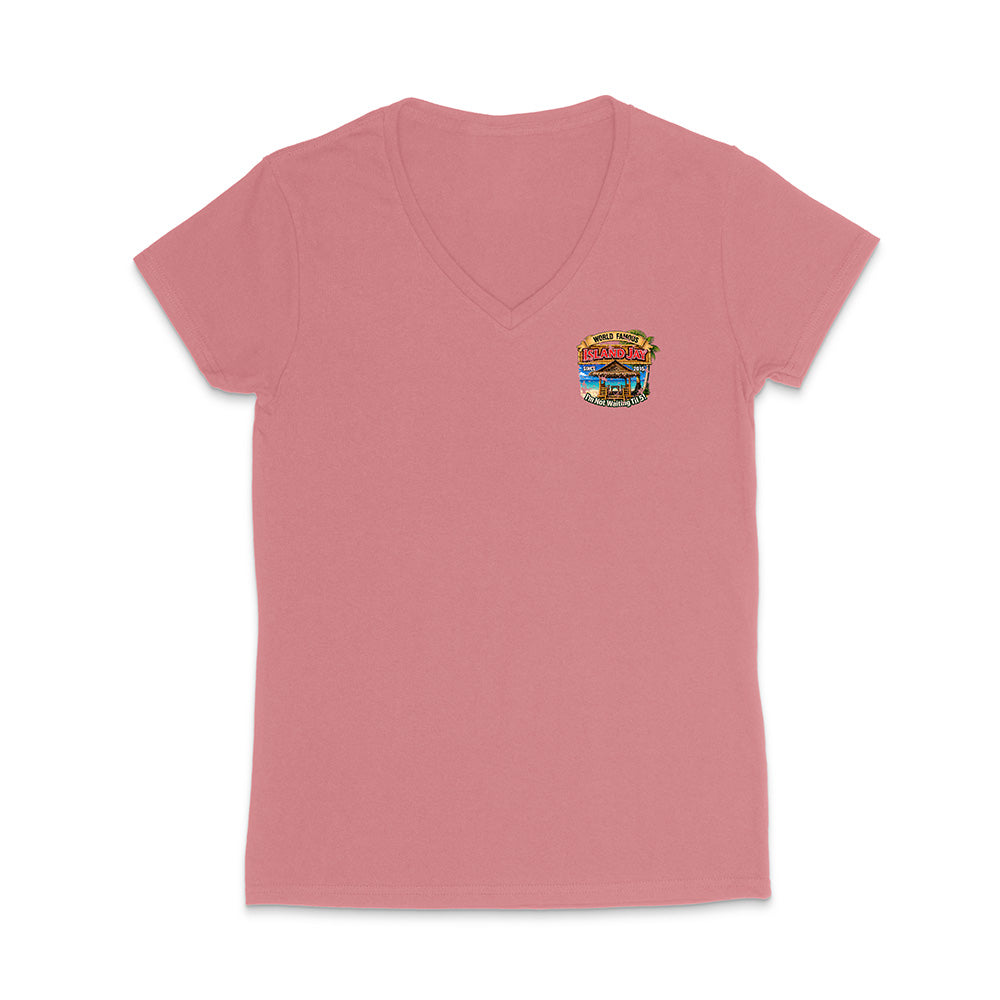 A dusty pink women's short-sleeve V-neck t-shirt with a small multicolor graphic on the left chest, displayed on a clean white background.