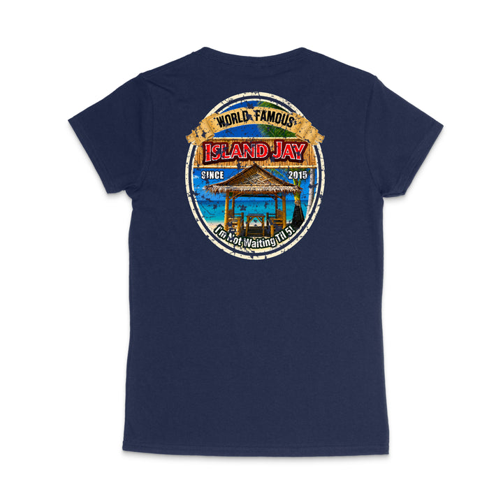A navy blue short-sleeve t-shirt shown from the back, featuring a large circular graphic print on the upper back with the text 'WORLD-FAMOUS ISLAND JAY' and a beach scene with a gazebo.