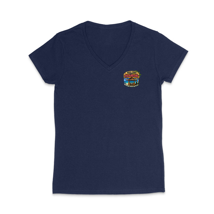 A navy blue women's V-neck t-shirt with a small multicolor graphic on the left chest depicting a scenic Florida landscape with the text 'Tropical Paradise Florida'.
