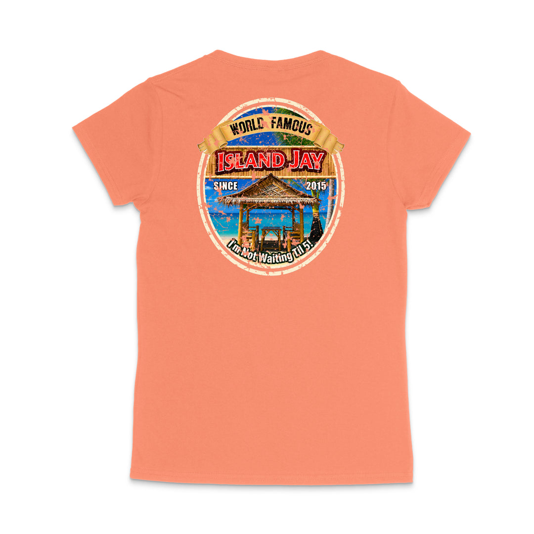 A coral orange short-sleeve t-shirt shown from the back, featuring a large circular graphic print on the upper back with the text 'World Famous Island Jay' and a beach-themed illustration.