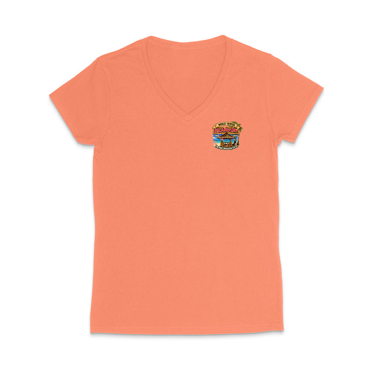 A coral orange short-sleeve V-neck t-shirt with a small multicolor graphic on the left chest, displayed on a clean white background.