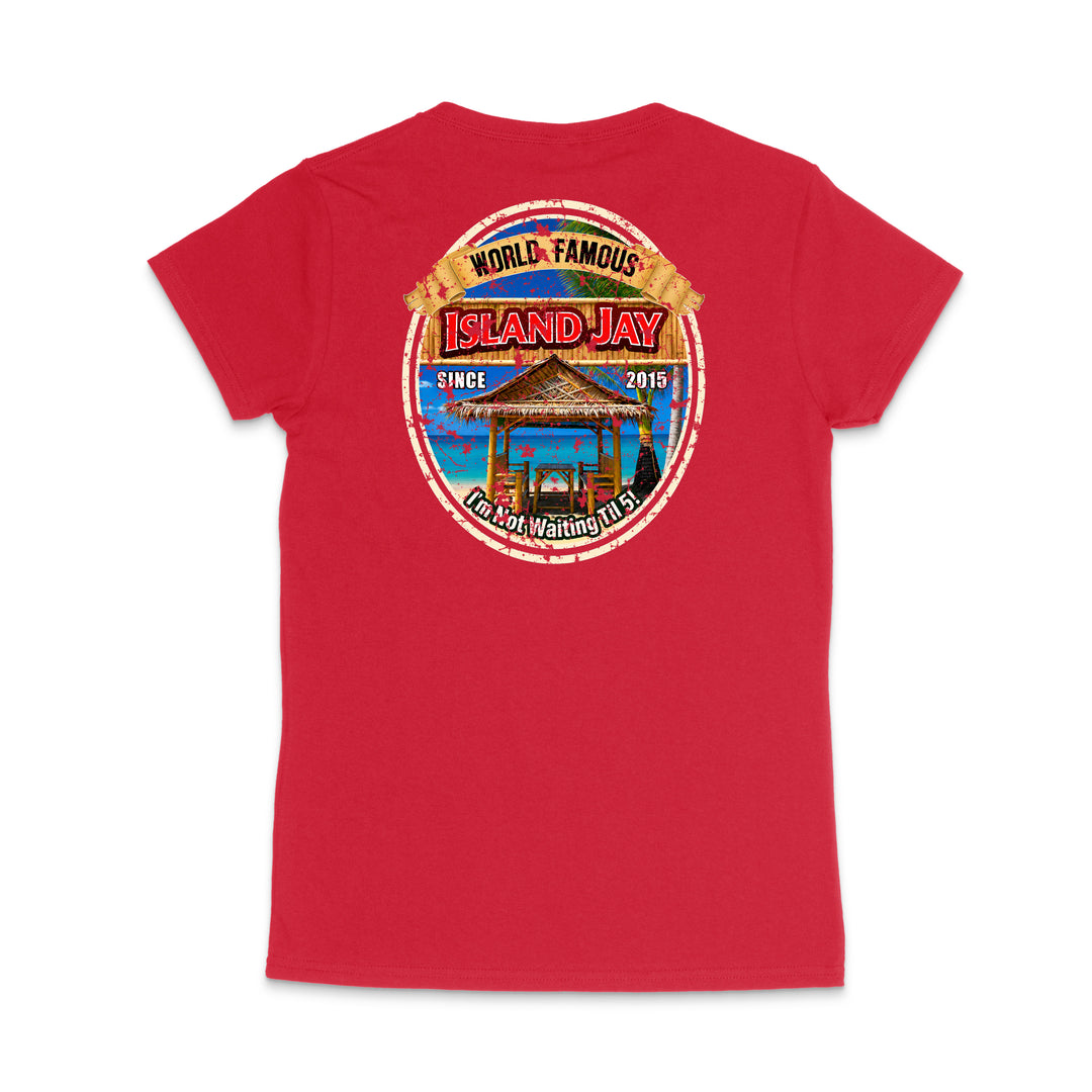 A red short-sleeve t-shirt shown from the back, featuring a large circular graphic print on the upper back with the text 'ISLAND JAY' and a beach scene.
