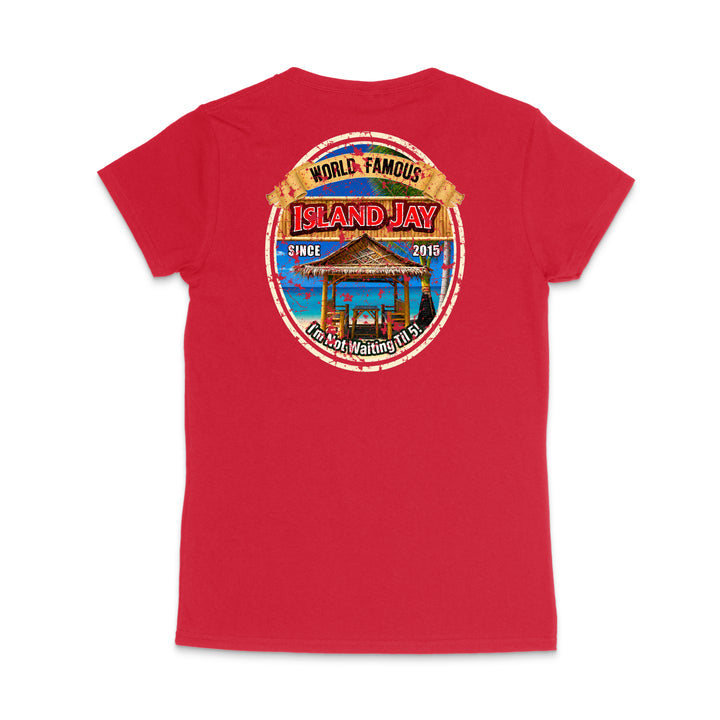 A red short-sleeve t-shirt shown from the back, featuring a large circular graphic print on the upper back with the text 'ISLAND JAY' and a beach scene.