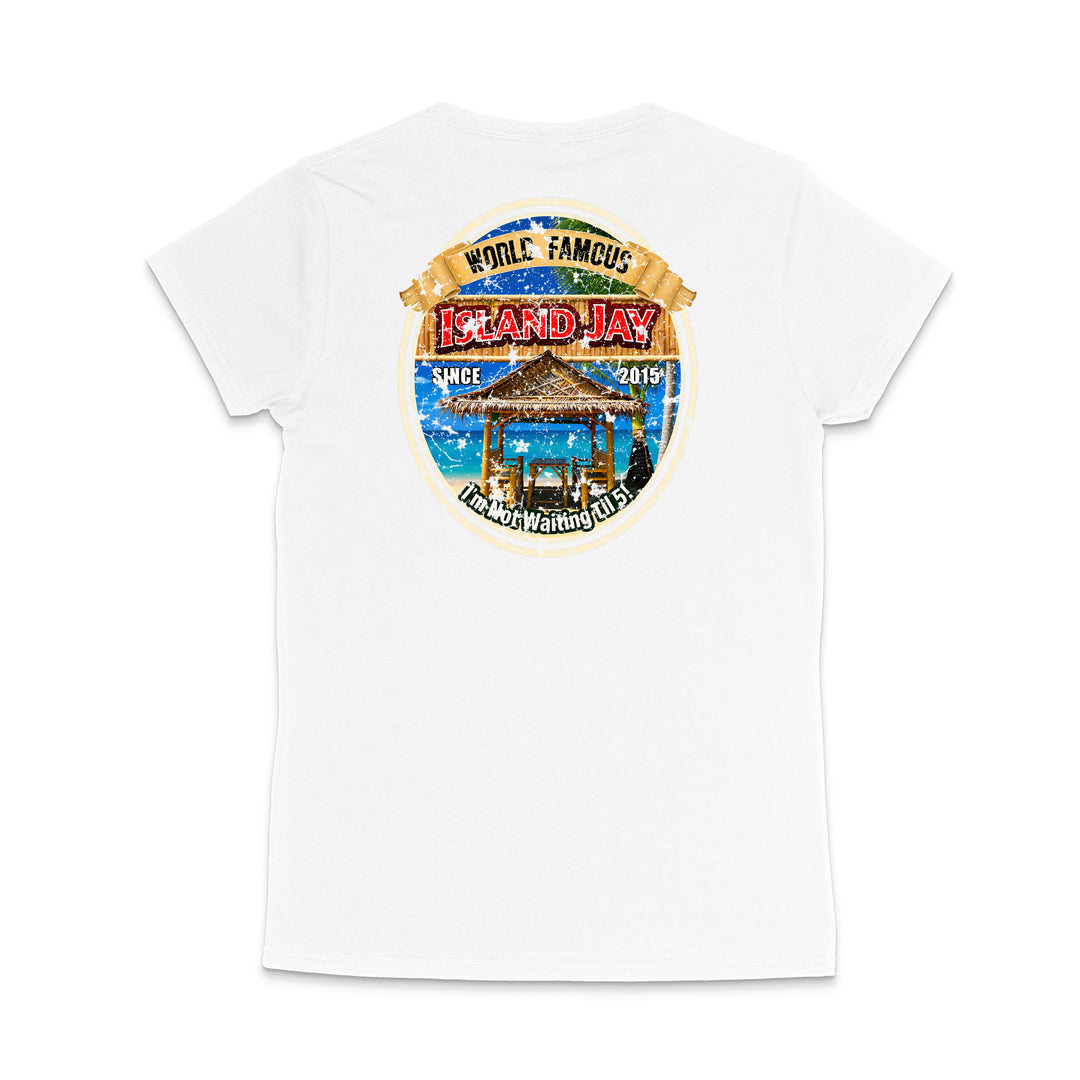 A white short-sleeve t-shirt shown from the back, featuring a large circular graphic print on the upper back. The graphic depicts a tropical beach scene with a gazebo and reads 'World Famous Island Jay' with 'Since 2019' and 'The Best Vacation Spot in the World'.